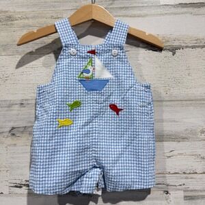 Florence Eiseman Sailboat Gingham Shortall Boys 3M Blue Cotton Blend Preppy EUC